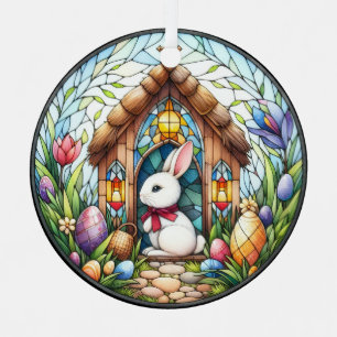 Adorno Metálico Iglesia de Conejo de Pascua Huevos Flores de Vidri