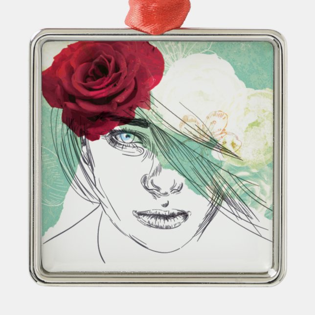 Adorno Metálico Ilustracion de chica de flores de época (Frente)