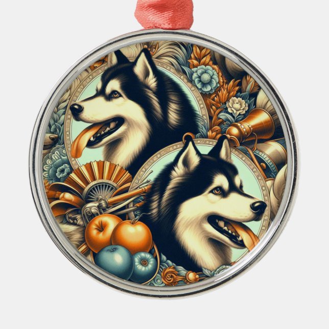 Adorno Metálico Ilustracion Husky retro siberiano (Frente)