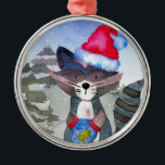 Adorno Metálico Ilustracion Racoon de Winter Forest Woodland Frien<br><div class="desc">Esta hermosa colección vibrante de huellas de dibujos para niños, presenta una variedad de lindos animales acuarelas en una escena de nieve de invierno (racoon, zorro, oso, ciervo, erizo) rodeados de altos árboles verdes que brillan con la nieve clara del sol brillante, mientras la nieve cae. Este lindo ilustracion de...</div>
