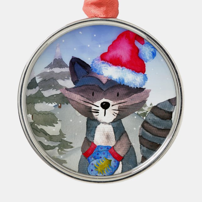 Adorno Metálico Ilustracion Racoon de Winter Forest Woodland Frien (Frente)