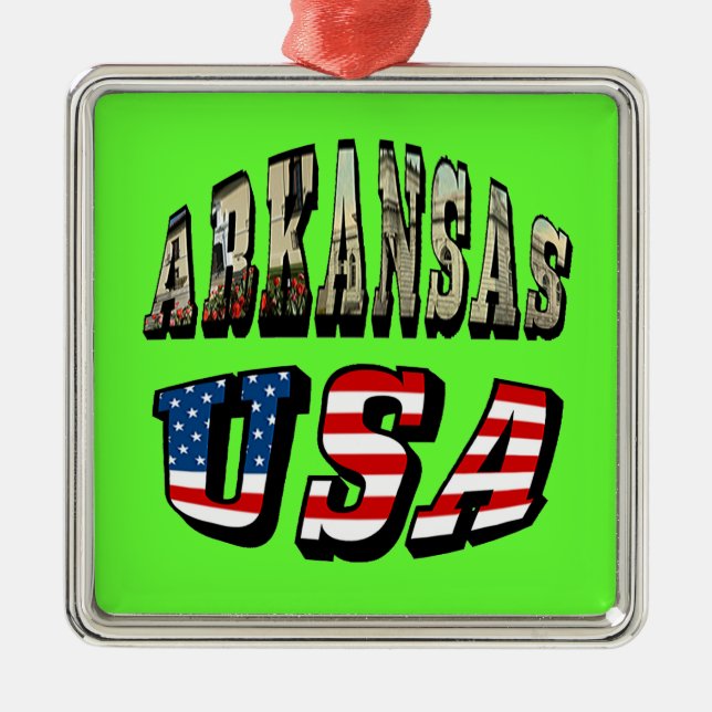 Adorno Metálico Imagen de Arkansas y texto de la bandera de Estado (Frente)