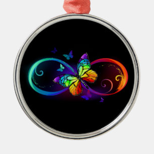 Adorno Metálico Infinito vibrante con mariposa arco iris sobre neg
