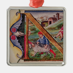 Adorno Metálico Inicial "N" de Historiated que representa ovejas