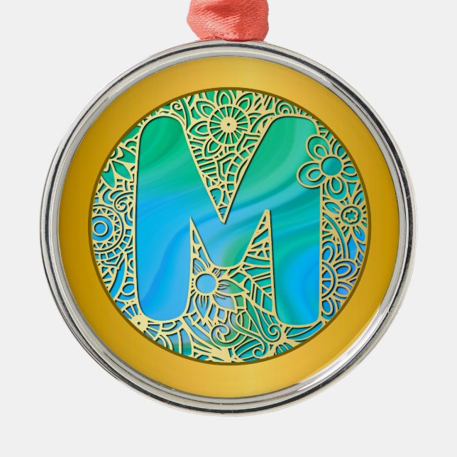 Adorno Metálico  Initial Monogram M Christmas - Gold , Teal & Blue (Frente)