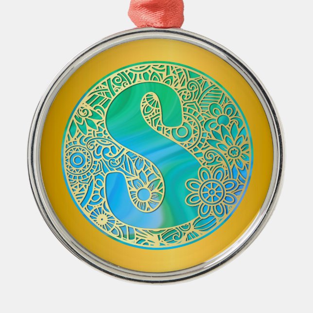 Adorno Metálico Initial Monogram S Christmas - Gold, Teal & Blue (Frente)