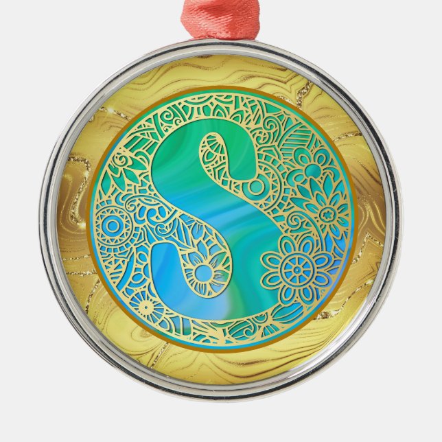 Adorno Metálico  Initial Monogram S Christmas - Gold, Teal & Blue (Frente)