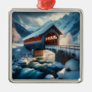 Adorno Metálico Invierno, puente cubierto de nieve y río