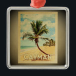 Adorno Metálico Islas Caimán Viajes con órbita de palmeras<br><div class="desc">Un fresco ornamento de estilo vintage de las Islas Caimán con una palmera en una playa de arena con cielo azul y océano.</div>