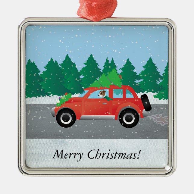 Adorno Metálico Jack Russell Terrier conduciendo un árbol de autos (Frente)