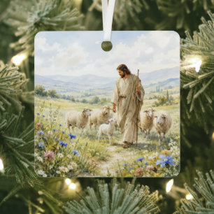 Adorno Metálico Jesús Buen Pastor Acuarela de Flores Silvestres