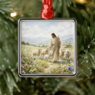 Adorno Metálico Jesús Buen Pastor Acuarela de Flores Silvestres