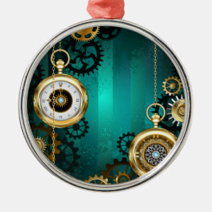 Adorno Metálico Joyería Steampunk Reloj en un Fondo Verde