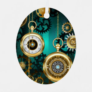 Adorno Metálico Joyería Steampunk Reloj en un fondo verde