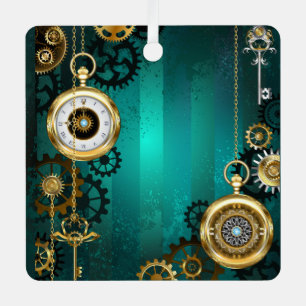 Adorno Metálico Joyería Steampunk Reloj en un fondo verde