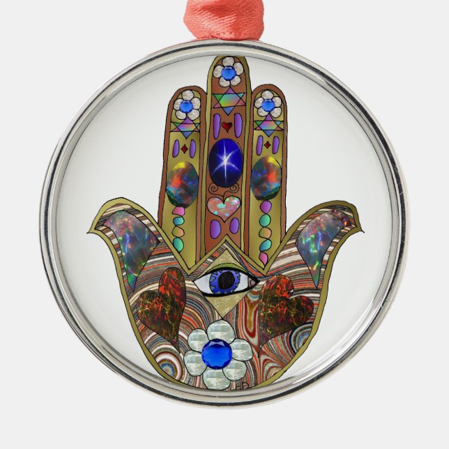 Adorno Metálico Judaica Hamsa Hearts Flowers Opal Art Print (Frente)