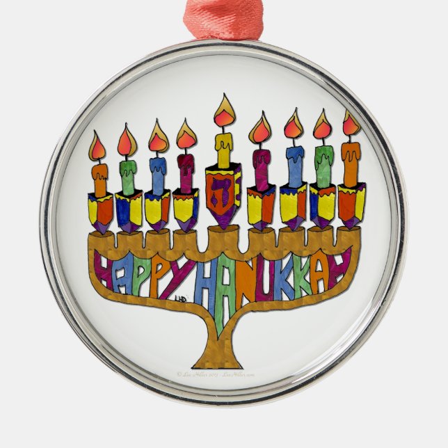 Adorno Metálico Judaica Happy Hanukkah Dreidel Menorah (Frente)