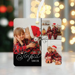 Adorno Metálico Jugoso Collage de fotos mínimo presente Cinta negr<br><div class="desc">Un hermoso adorno de navidad de collage de fotos mínimo. Personalizar con tres de tus fotos familiares favoritas. Joyful está escrito en un alfabeto moderno junto con el año y los nombres en la parte posterior. El regalo perfecto para darle a su familia esta temporada de vacaciones. Diseñado por papel...</div>