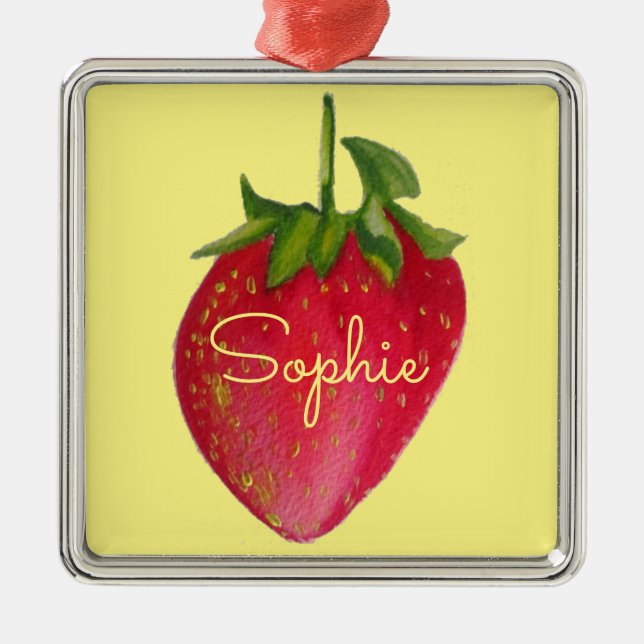 Adorno Metálico Juicy Strawberry fruta acuarela nombre personal (Frente)