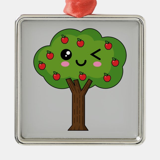 Adorno Metálico Kawaii feliz árbol de manzanas (Frente)