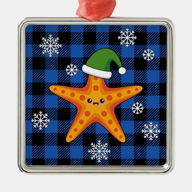 Adorno Metálico Kawaii Navidad Starfish en patrón de búfalo azul (Frente)