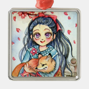 Adorno Metálico Kimono Chica sosteniendo a Little Fox