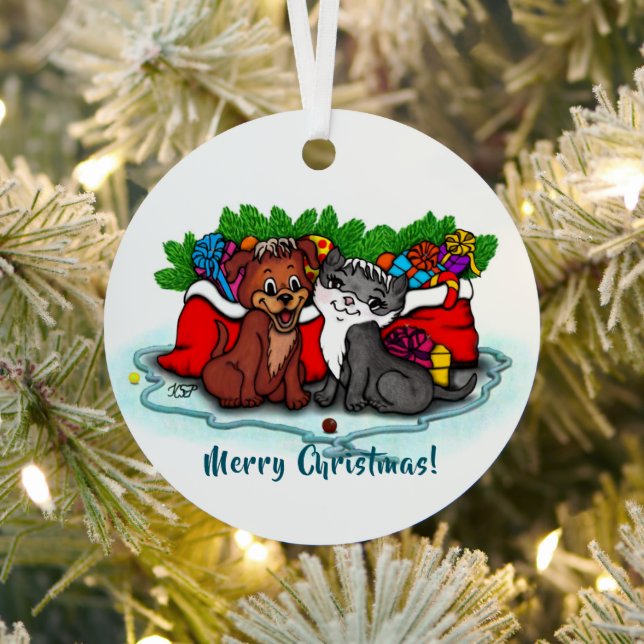 Adorno Metálico Kitty and Puppy , Happy XMas (in situ)