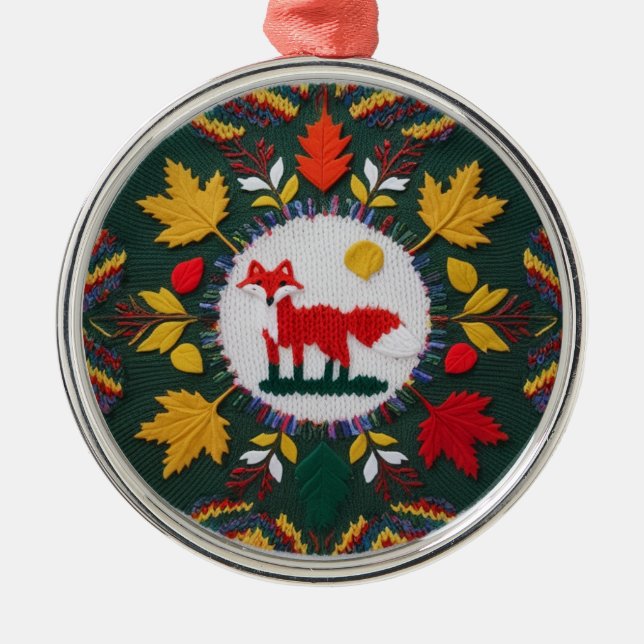 Adorno Metálico Knitted Fox Maple Leaf Woodland Round Ornament (Frente)