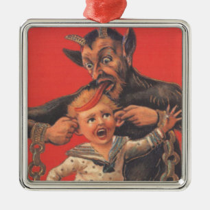 Adorno Metálico Krampus castigando la oreja de un niño