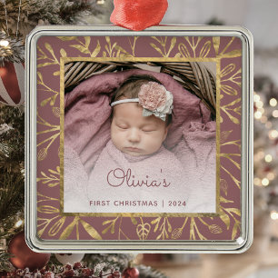 Adorno Metálico La 1ª Navidad del bebé Foto Polvo Rosa Dorado Foll
