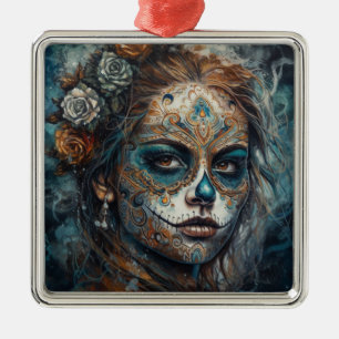 Adorno Metálico La Catrina Azul Día de los Muertos Cráneo de Azúca