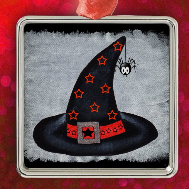Adorno Metálico La Gorra de brujas Stars Cute Spider (Black Witch hat orange stars silver buckle cute spider on Halloween hanging ornament.)