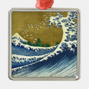 Adorno Metálico La gran ola (arte japonés azul y oro, Hokusai)