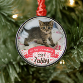 Adorno Metálico La primera foto navideña del gatito personalizado
