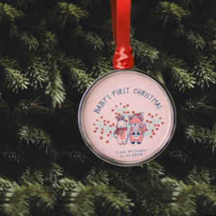 Adorno Metálico La primera Navidad de bebé, amigos del bosque