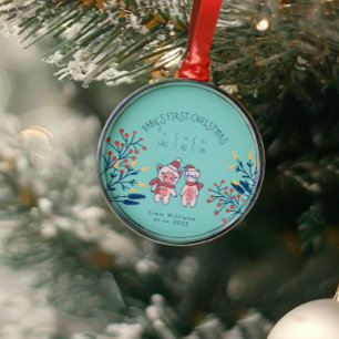 Adorno Metálico La primera Navidad de bebé cerdo y oso lindos