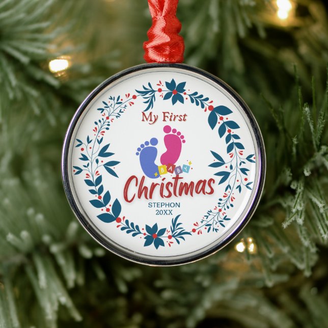 Adorno Metálico La primera Navidad del bebé elegante con nombre (Árbol)