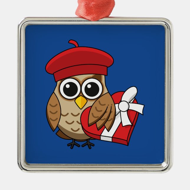 Adorno Metálico Lechuza con Beret Rojo y Caja Corazón (Frente)