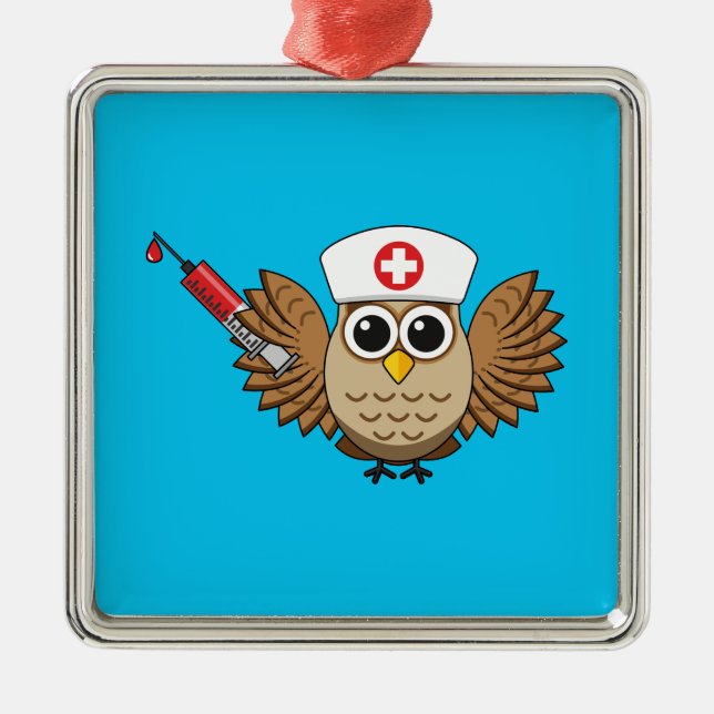 Adorno Metálico Lechuza de enfermera con Personalizado de jeringas (Frente)