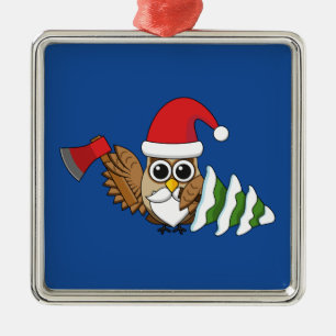 Adorno Metálico Lechuza navidad con hacha y pino nevado