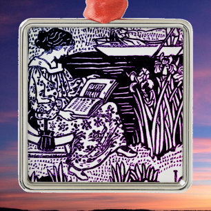 Adorno Metálico Lectura de Mujer Art Nouveau