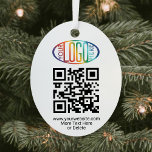 Adorno Metálico Logotipo y código QR a dos lados, óvalo promociona<br><div class="desc">PARA OBTENER INSTRUCCIONES PARA CAMBIAR LOS COLORES DE FONDO / TEXTO O LA TRANSPARENCIA DEL LOGO, VEA EL FINAL DE ESTA DESCRIPCIÓN. Promociona tu negocio a clientes potenciales con un logotipo personalizado y un adorno oval de Navidad con código QR. Esta plantilla es sencilla de personalizar y puede ser diferente...</div>