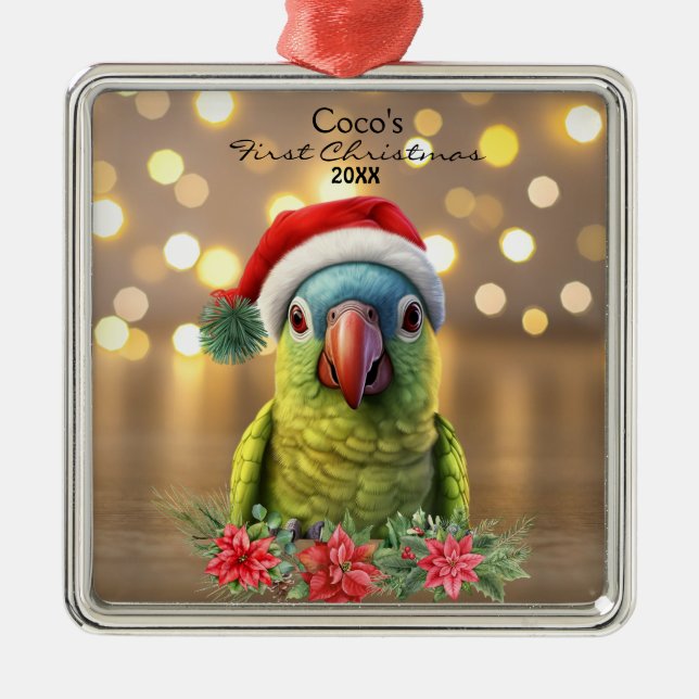 Adorno Metálico Loro lindo en Santa Hat personalizado (Frente)