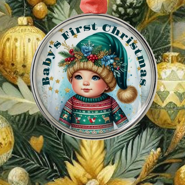 Adorno Metálico Los primeros Recuerdos del bebé de Navidad (Keepsake Baby's First Christmas Photo Kid Memories Metal Ornament)