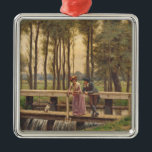 Adorno Metálico Lugar de encuentro romántico (por Edmund Blair Lei<br><div class="desc">Este diseño presenta una pintura del artista inglés Edmund Blair Leighton (1852-1922). Muestra a un hombre y una mujer teniendo un encuentro romántico en un remoto puente de madera que atraviesa un río. Están saliendo en secreto, lejos de los ojos de la familia y amigos. Tanto la señora como el...</div>