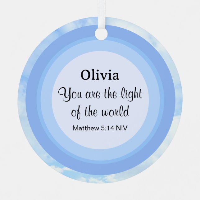 Adorno Metálico Luz del mundo del bebé azul Biblia Verse Name (Anverso)