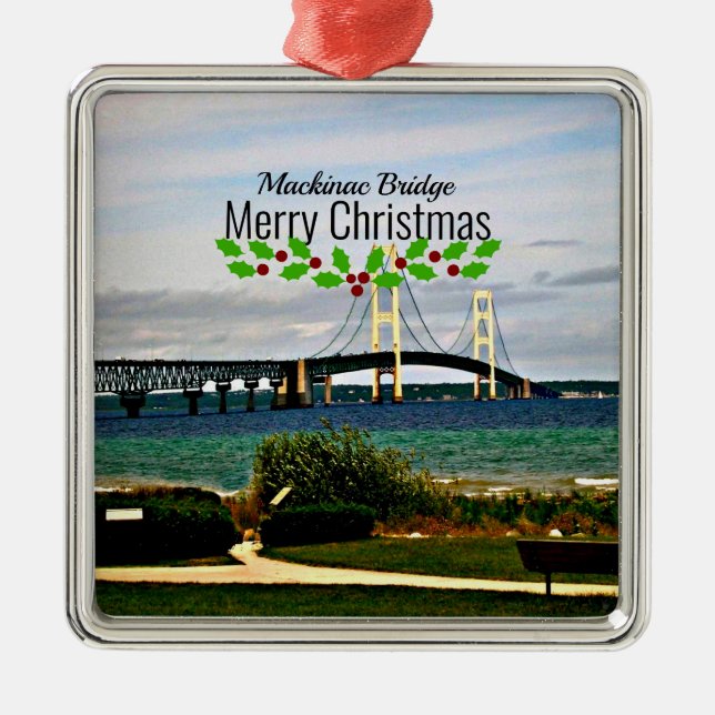 Adorno Metálico Mackinac Bridge, Merry Christmas, (Frente)