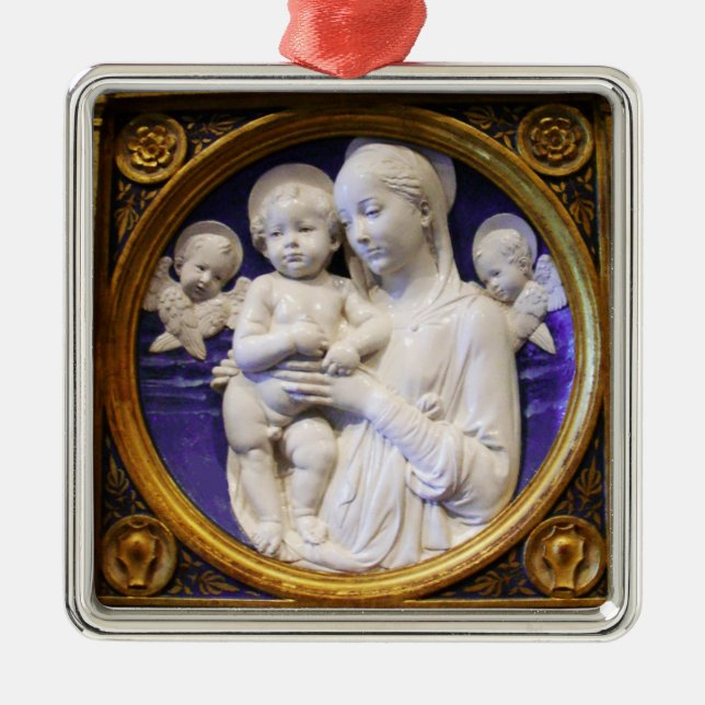 Adorno Metálico MADONNA CON NIÑO Y ÁNGELES Zafiro azul redondo (Frente)