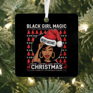 Adorno Metálico Magia de Chica Negra Feliz Navidad Afroamericana 