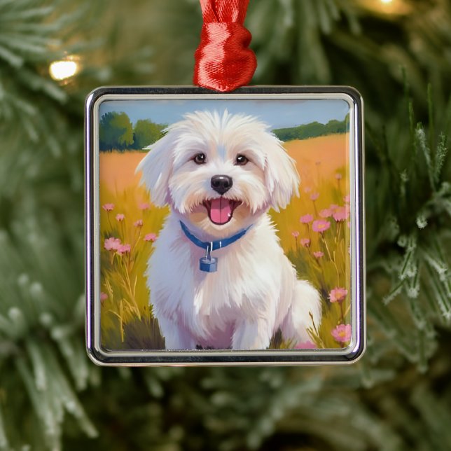 Adorno Metálico Maltese Dog | Flower Field Pet Painting (Árbol)